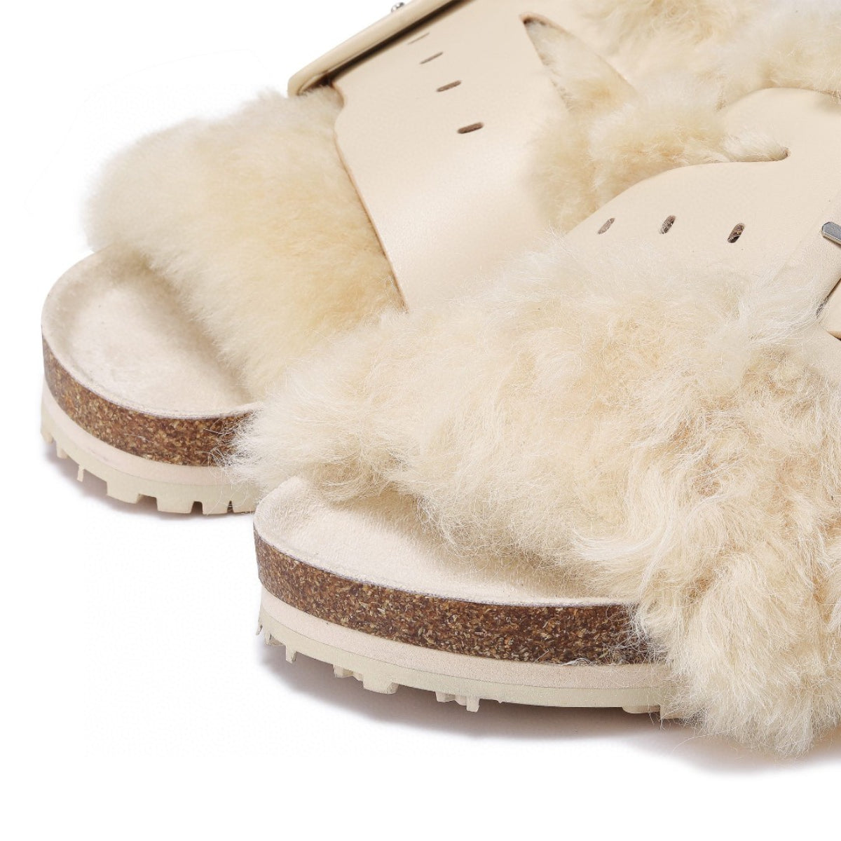 Lost In Echo Leather Strap Buckle Fluffy Slides Cream