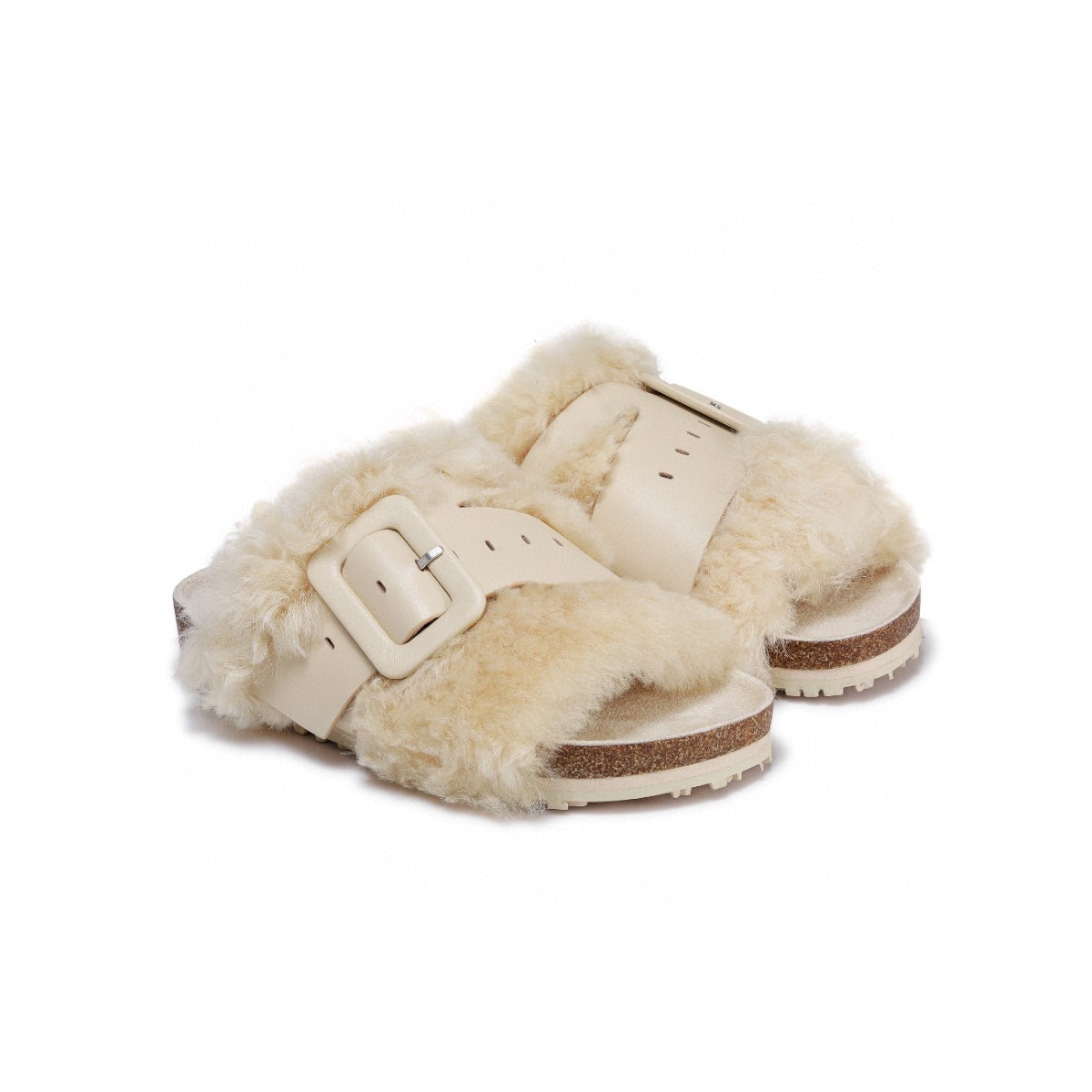 Lost In Echo Leather Strap Buckle Fluffy Slides Cream