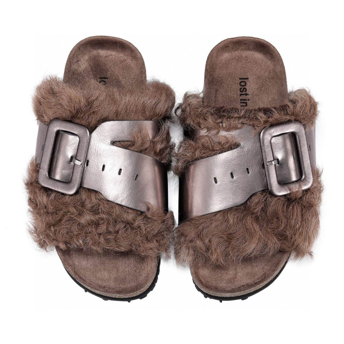 Lost In Echo Leather Strap Buckle Fluffy Slides Brown