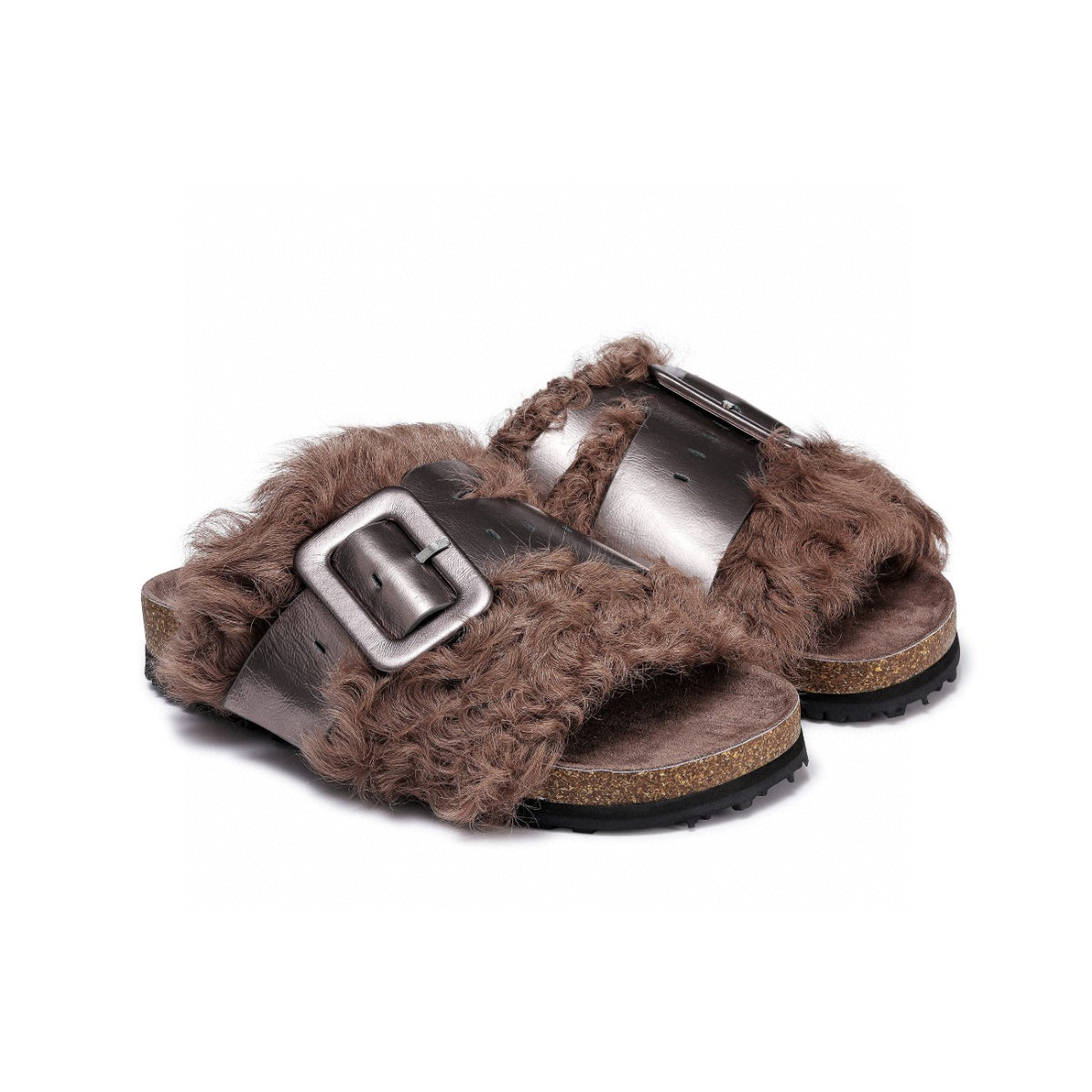 Lost In Echo Leather Strap Buckle Fluffy Slides Brown