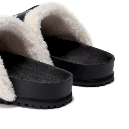 Lost In Echo Leather Strap Buckle Fluffy Slides Black