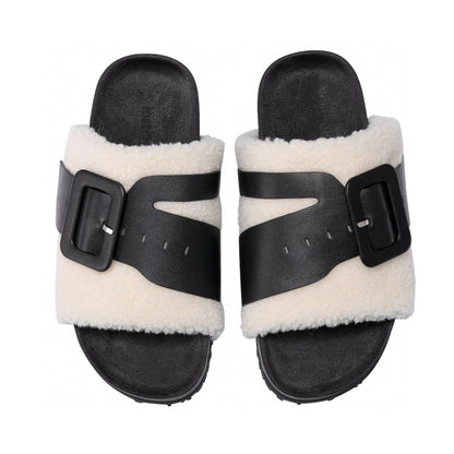 Lost In Echo Leather Strap Buckle Fluffy Slides Black