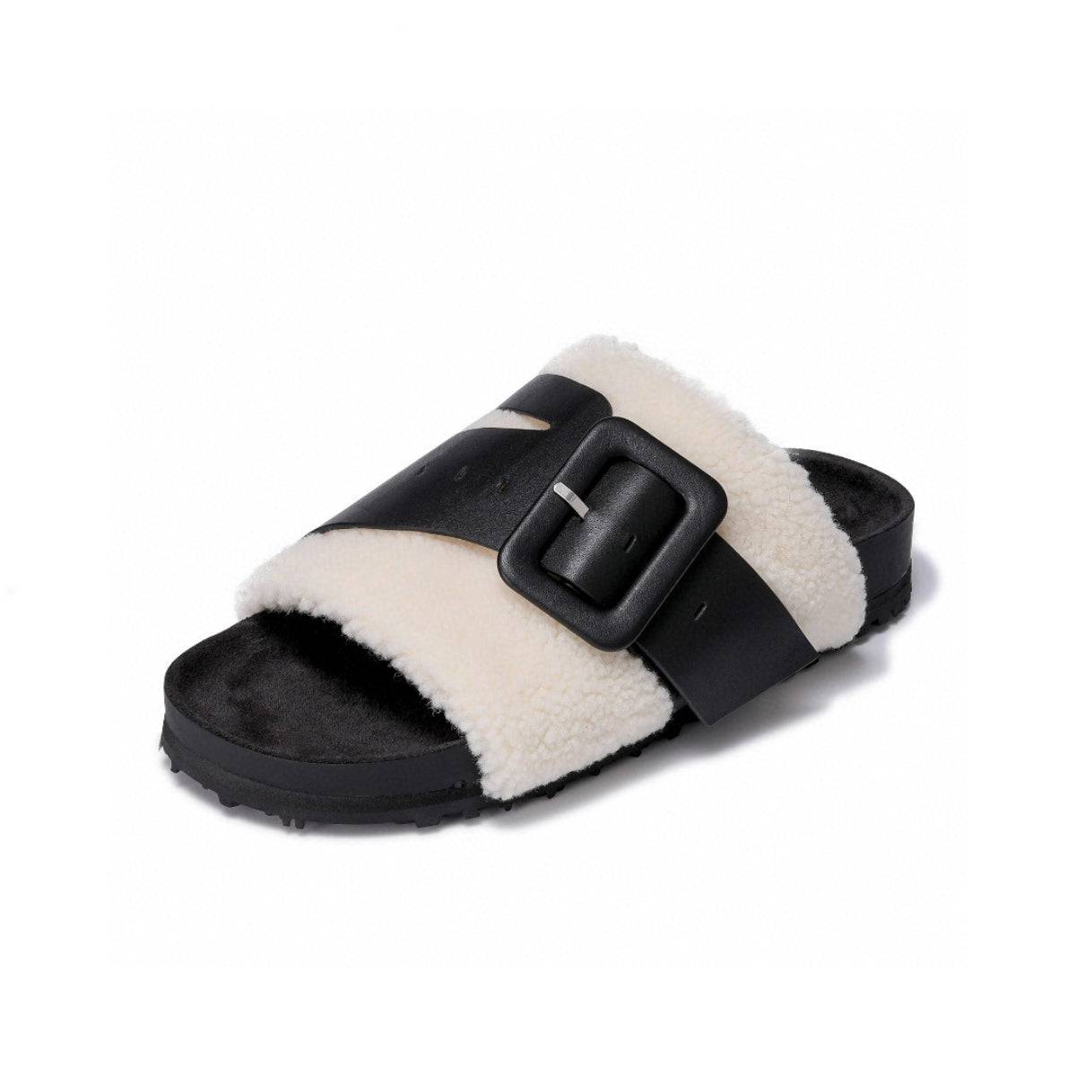 Lost In Echo Leather Strap Buckle Fluffy Slides Black