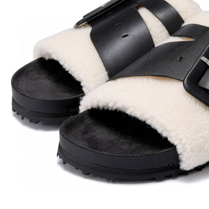 Lost In Echo Leather Strap Buckle Fluffy Slides Black