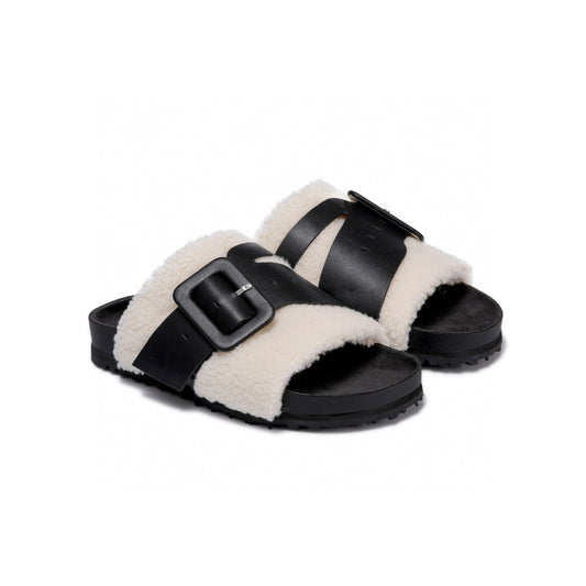 Lost In Echo Leather Strap Buckle Fluffy Slides Black