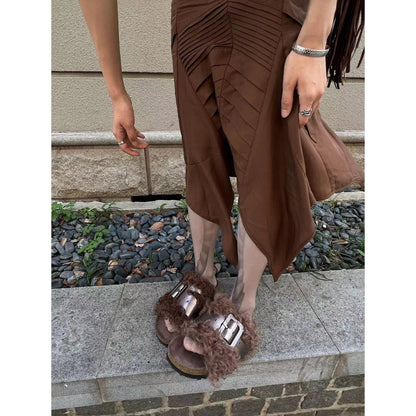 Lost In Echo Leather Strap Buckle Fluffy Slides Brown