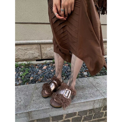 Lost In Echo Leather Strap Buckle Fluffy Slides Brown