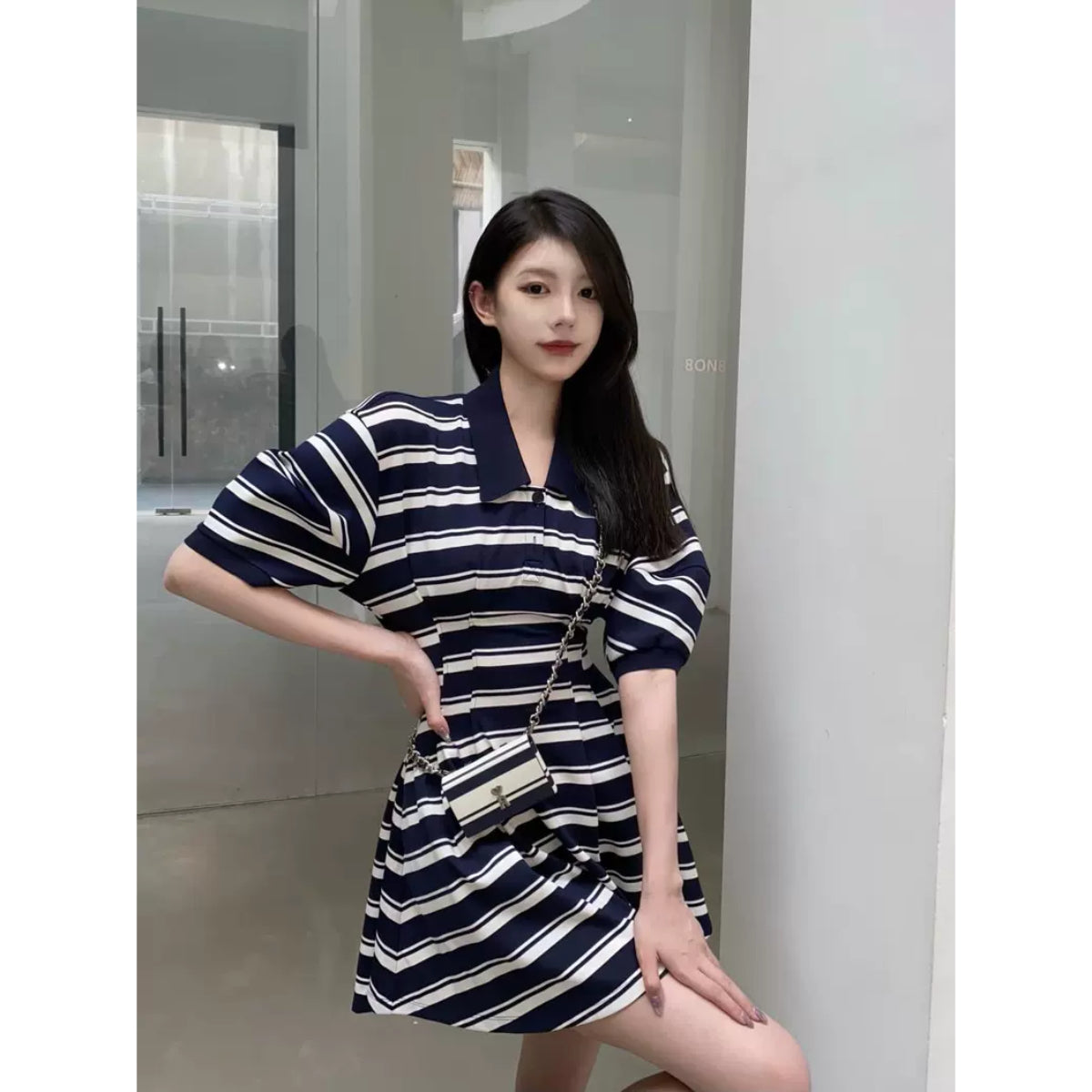 Revan Striped Cutting OUt Polo Dress Navy