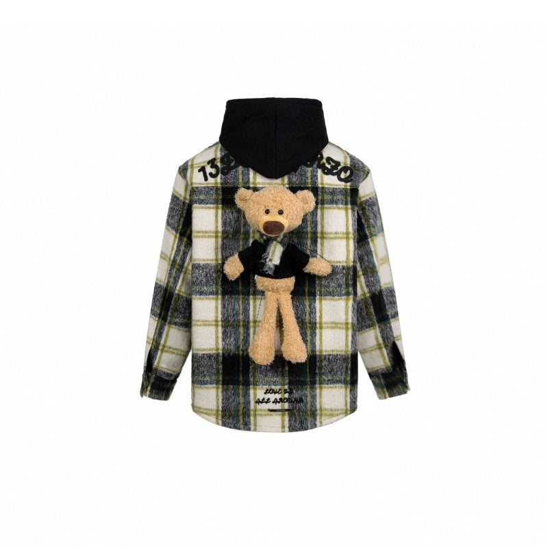 13De Marzo Plush Bear Plaid Woolen Shirt Jacket