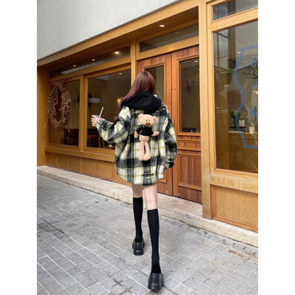 13De Marzo Plush Bear Plaid Woolen Shirt Jacket