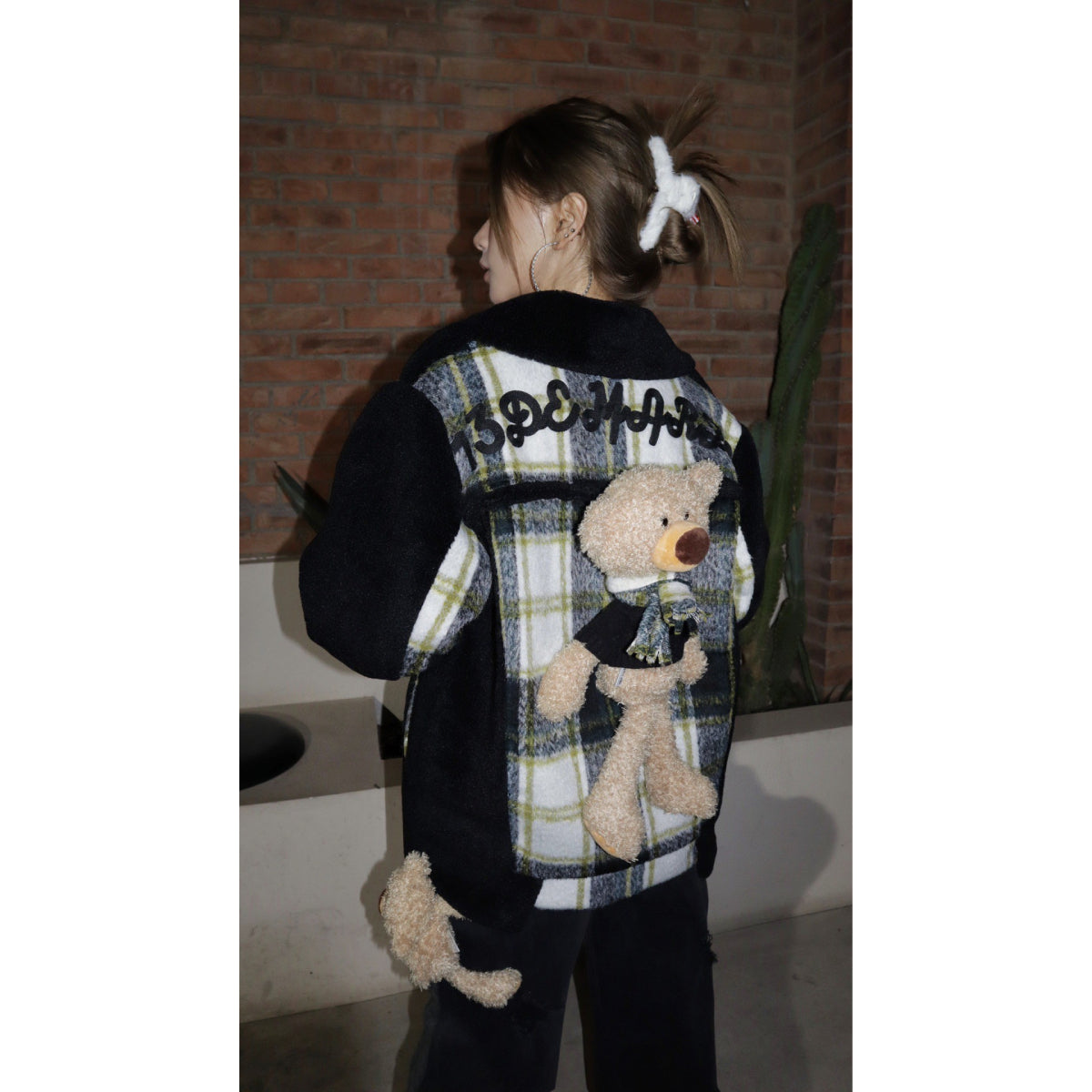 13De Marzo Bear Plaid Padded Fleece Coat