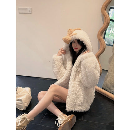 13De Marzo Plush Bear Fuzzy Hooded Coat White