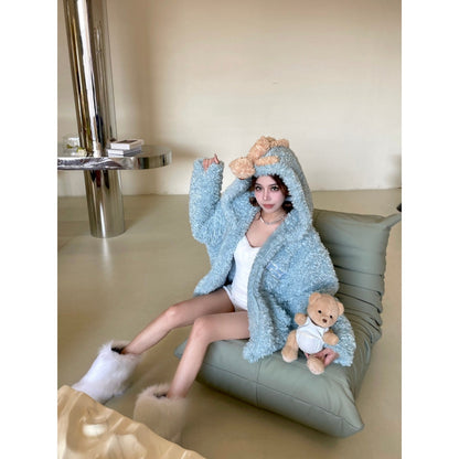 13De Marzo Plush Bear Fuzzy Hooded Coat Blue