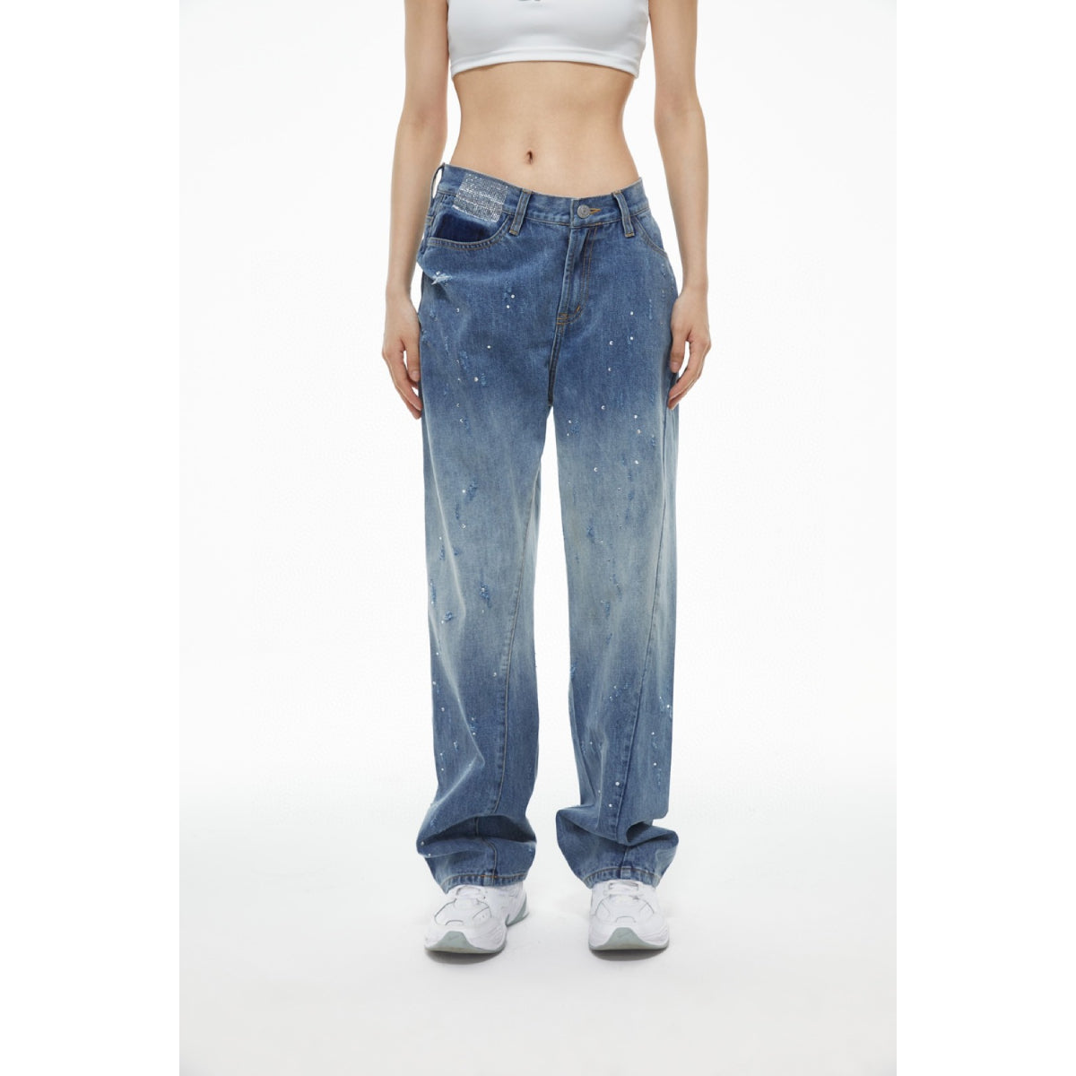 Ann Andelman Irregular Rhinestone Patch Denim Pants