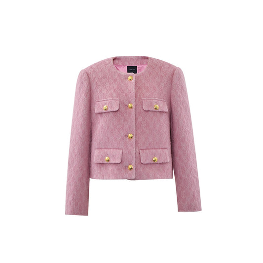 Concise-White Gold Button Multi-Pockets Short Coat Pink