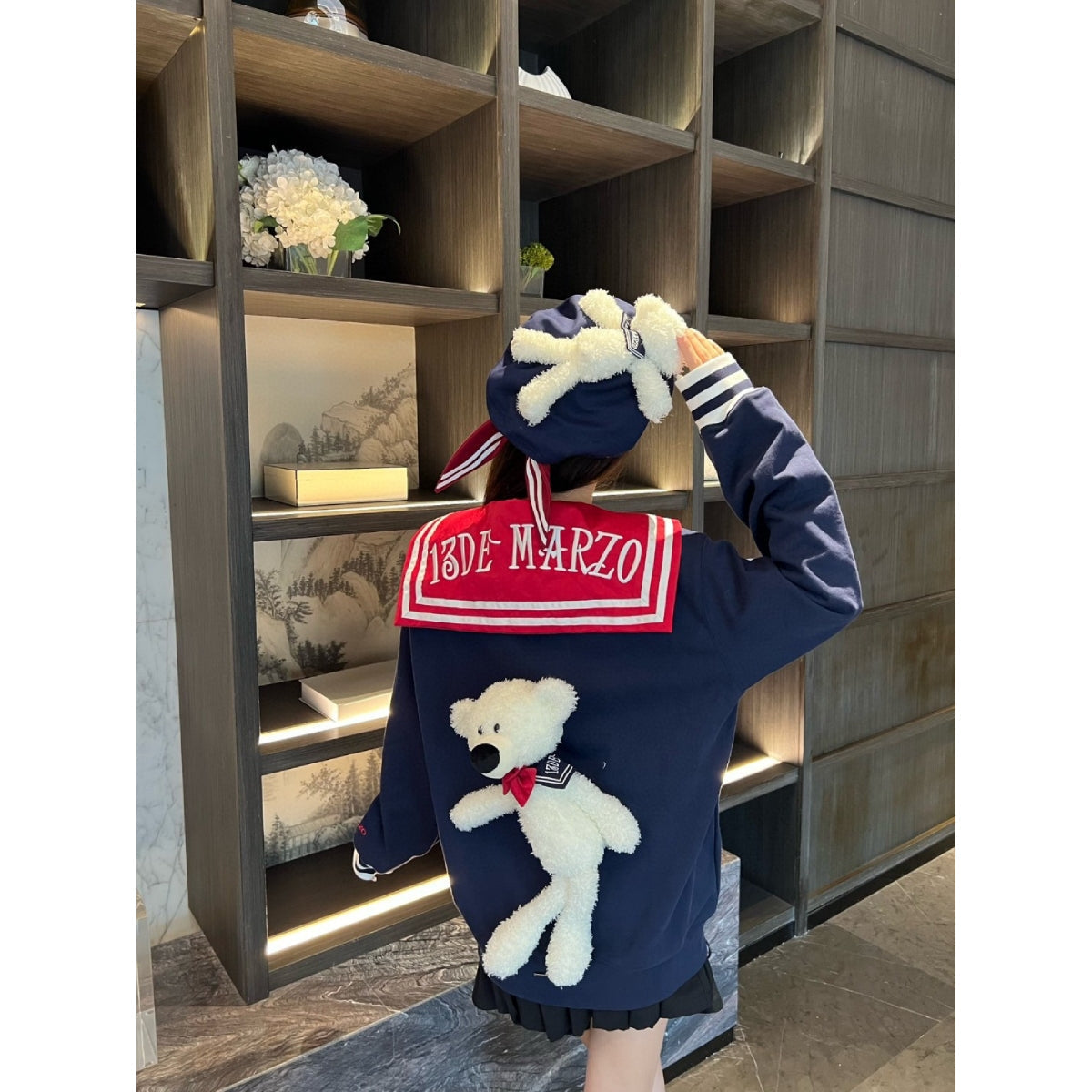 13 De Marzo Sailor Collar Plush Bear Sweater Navy