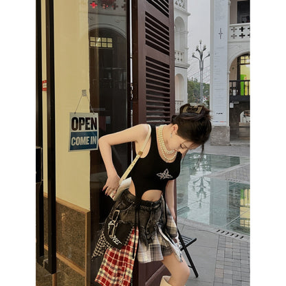 Weird Market Plaid Patch Denim Skirt Black