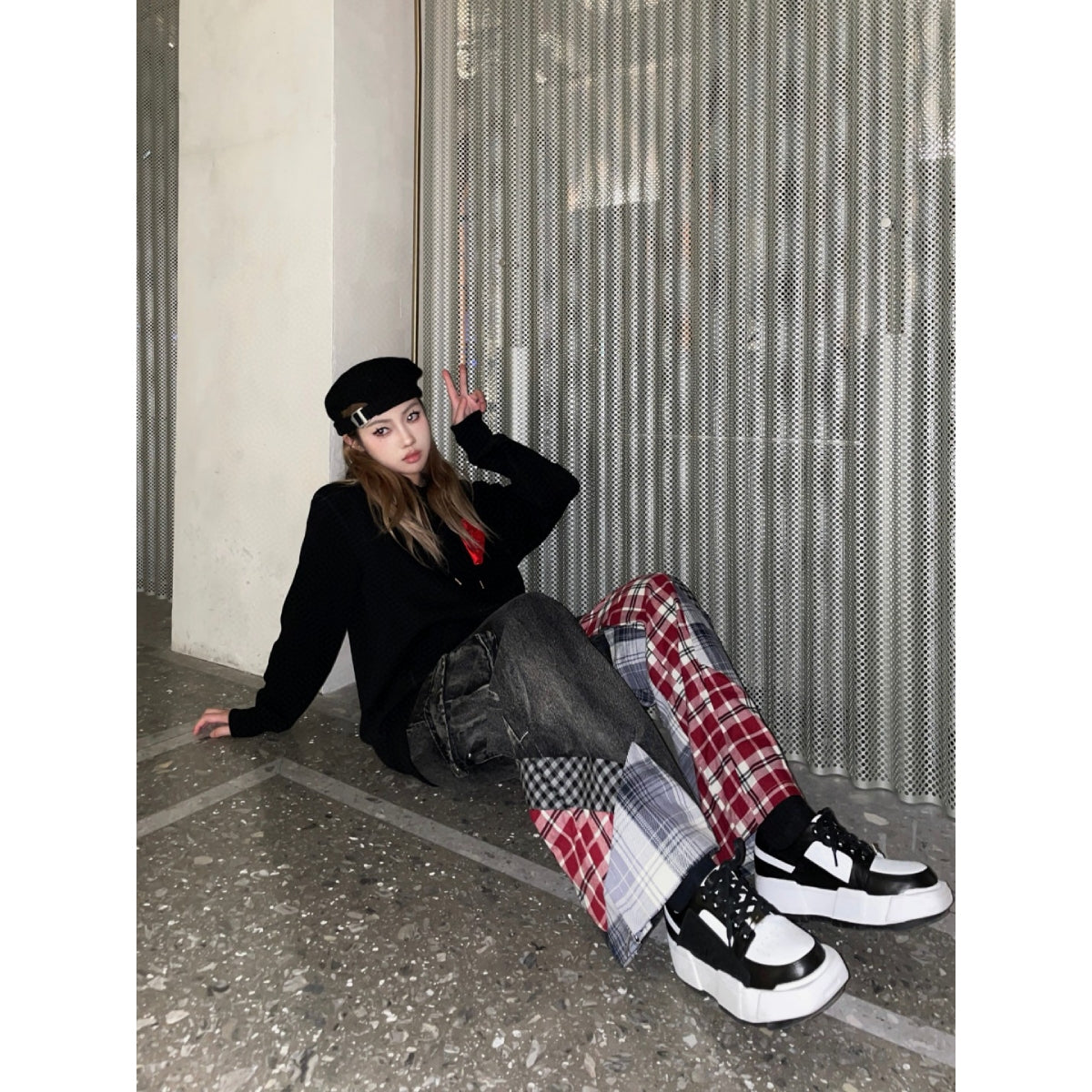 Weird Market Plaid Patch Denim Pants Black