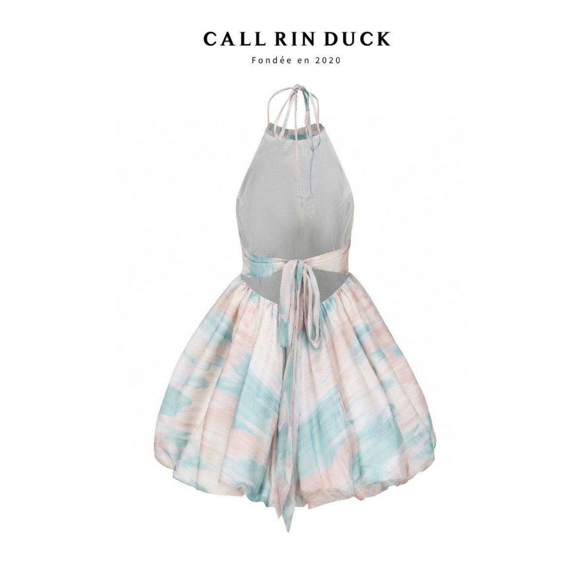 Callrinduck Aquatic Painting Off-Shoulder Puff Dress