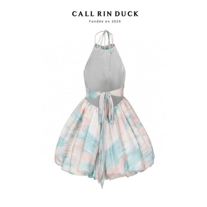 Callrinduck Aquatic Painting Off-Shoulder Puff Dress