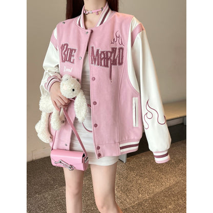 13De Marzo Plush Rabbit Flame Baseball Jacket Pink