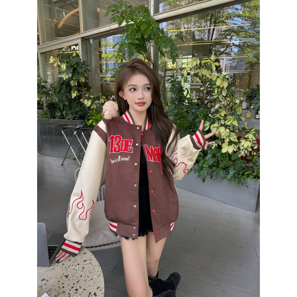 13De Marzo Plush Bear Flame Baseball Jacket Brown