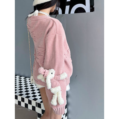 13De Marzo Plush Rabbit Jacquard Letter Knit Cardigan Pink