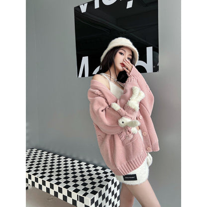 13De Marzo Plush Rabbit Jacquard Letter Knit Cardigan Pink