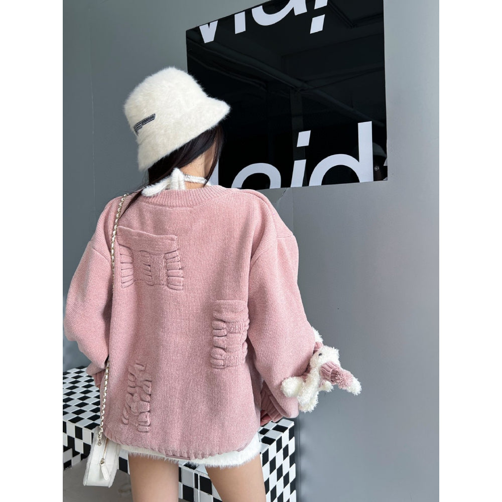 13De Marzo Plush Rabbit Jacquard Letter Knit Cardigan Pink