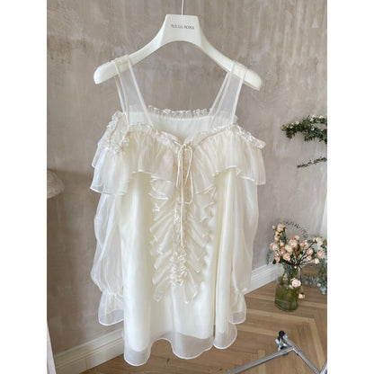 Rocha Roma Ruffles Sling Mesh Dress White