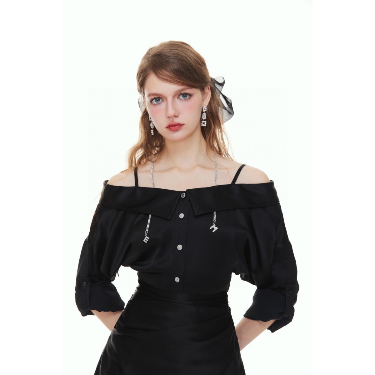 Eimismosol Off-Shoulder Chain Satin Dress Black