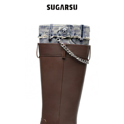 SugarSu Metal Buckle Denim Top Leather Boots Brown