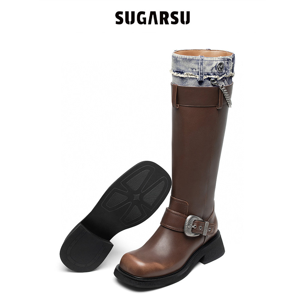 SugarSu Metal Buckle Denim Top Leather Boots Brown