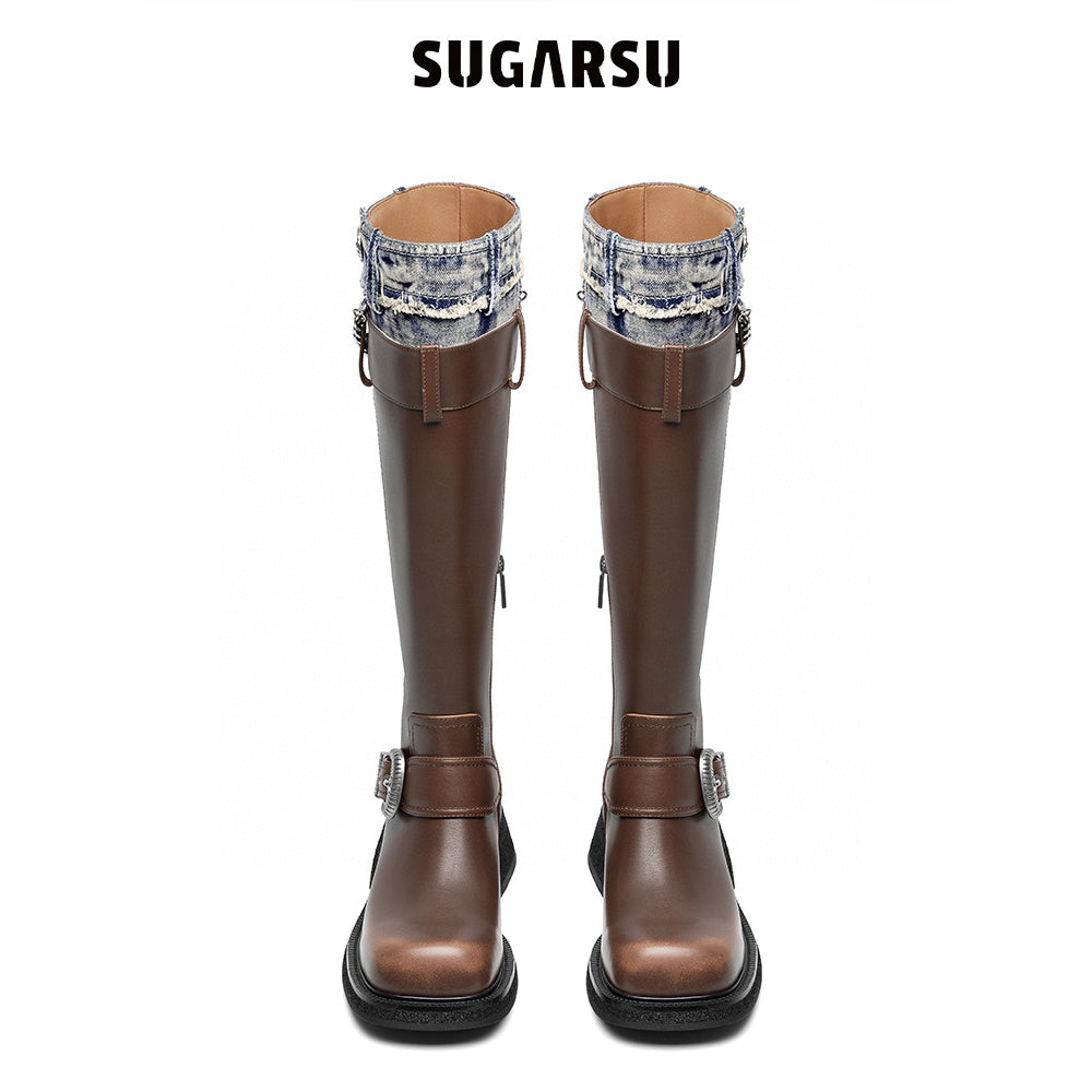 SugarSu Metal Buckle Denim Top Leather Boots Brown