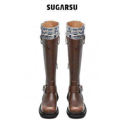 SugarSu Metal Buckle Denim Top Leather Boots Brown