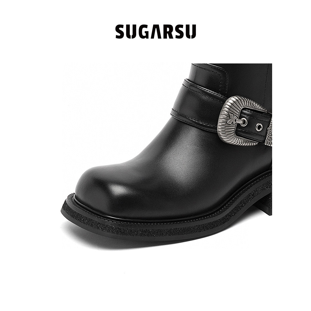 SugarSu Metal Buckle Denim Top Leather Boots Black