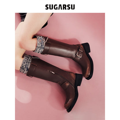 SugarSu Metal Buckle Denim Top Leather Boots Brown