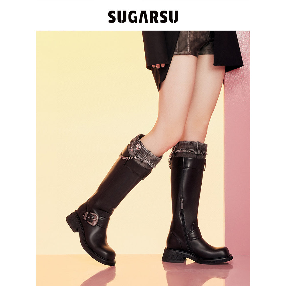 SugarSu Metal Buckle Denim Top Leather Boots Black