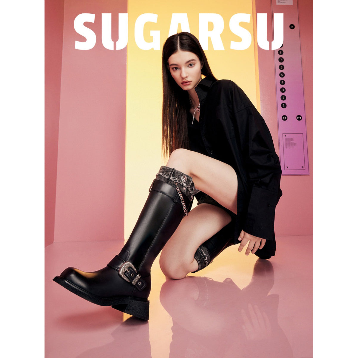 SugarSu Metal Buckle Denim Top Leather Boots Black