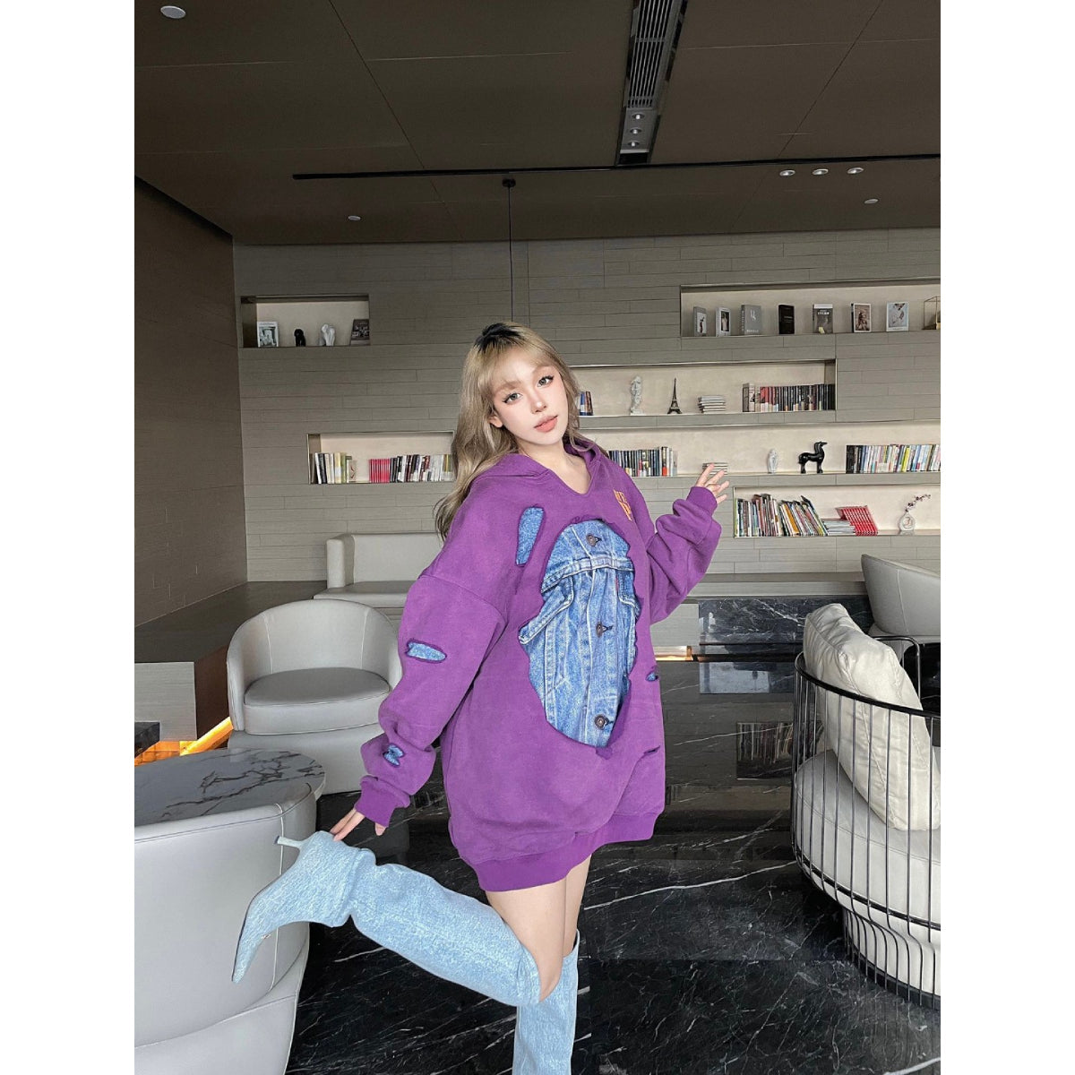 Aventen Pin DIY Tearing Denim Inside Hoodie Purple