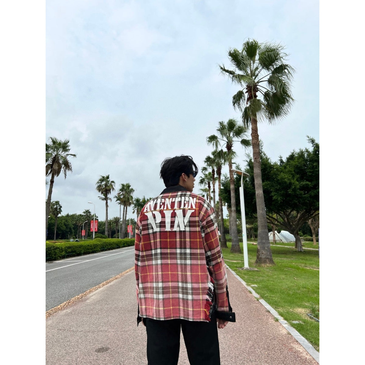 Aventen Pin Color Blocked Plaid Denim Shirt Red