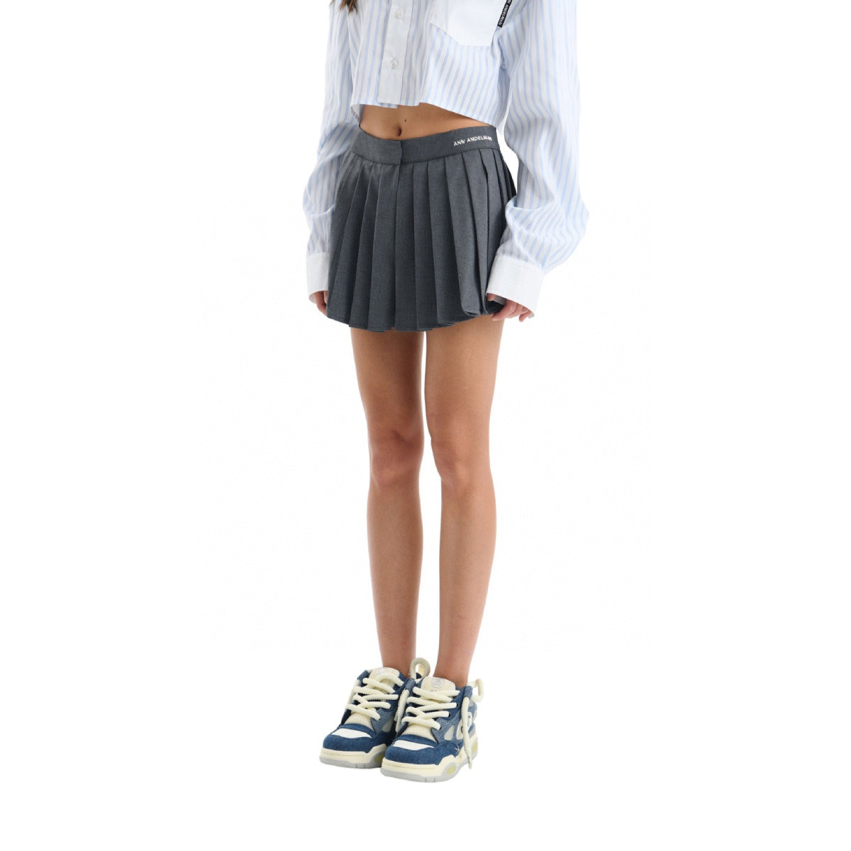 Ann Andelman Embroidery Logo Pleated Short Skirt Grey