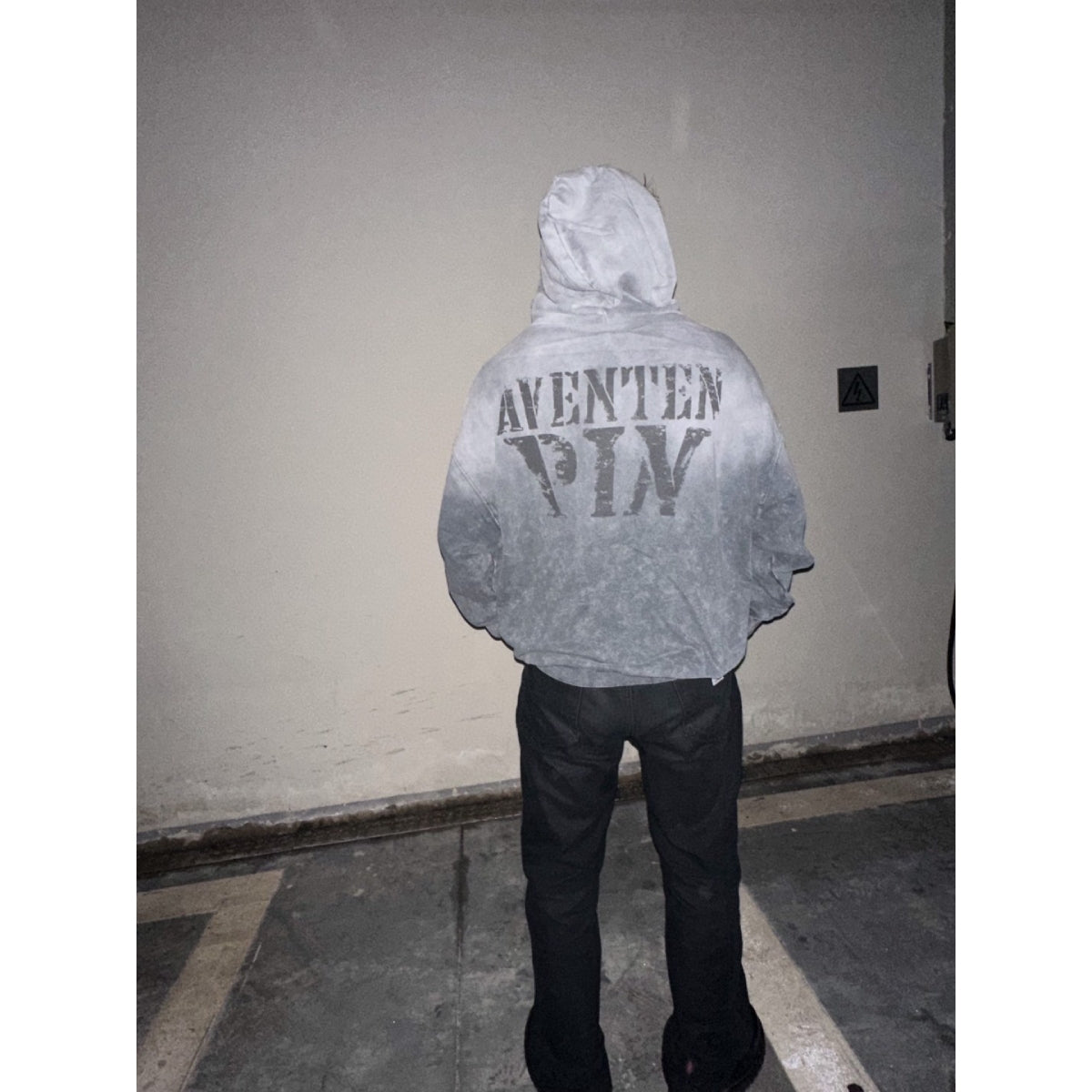 Aventen Pin Washed Faded Logo Hoodie Dark Grey