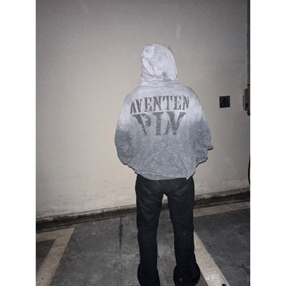 Aventen Pin Washed Faded Logo Hoodie Dark Grey