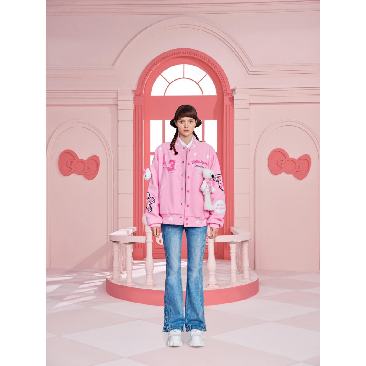 13De Marzo X Hello Kitty Plush Bear Baseball Jacket Pink