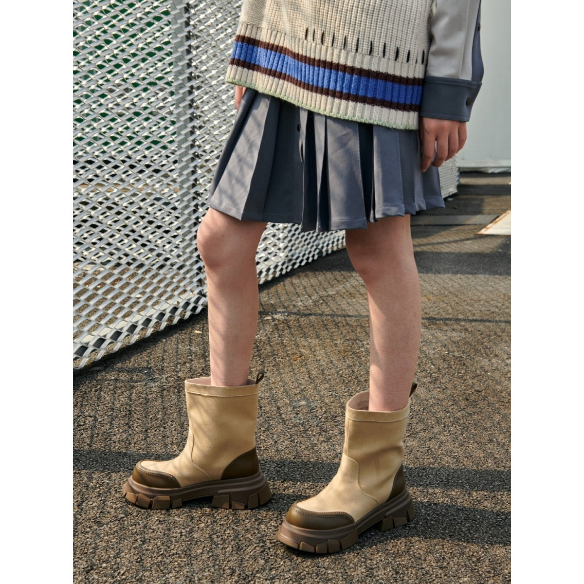 Lost In Echo Wide Heel Leather Boots Sand