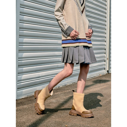 Lost In Echo Wide Heel Leather Boots Sand