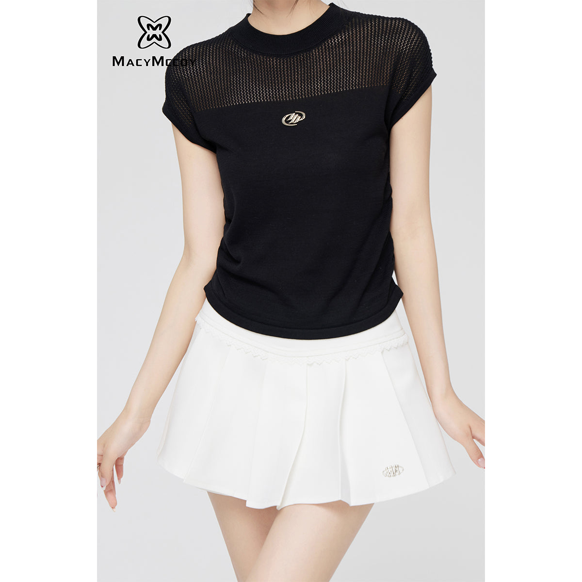 MacyMccoy Metal Logo Hollow Pleated Knit Top Black