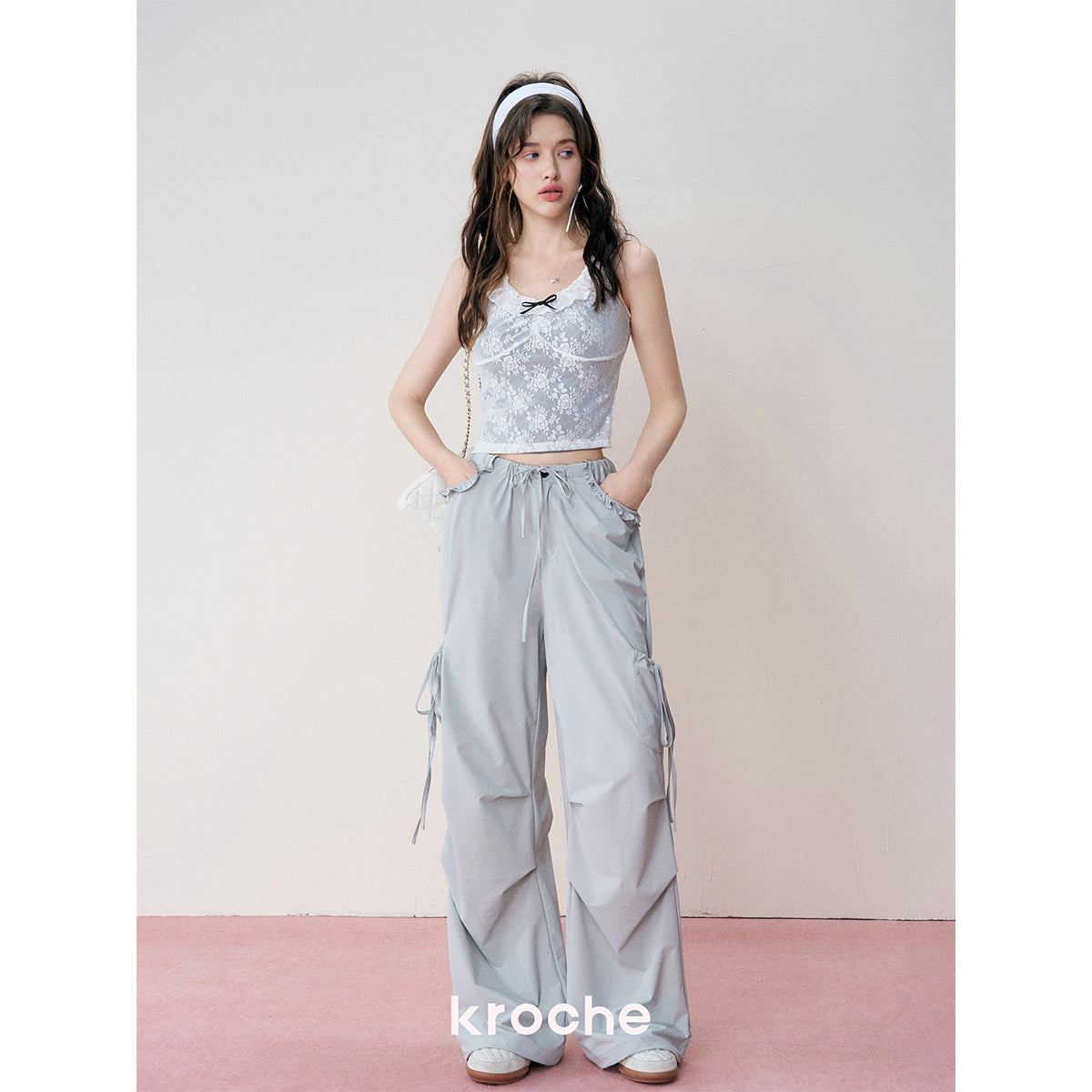 Kroche Lace Patchwork Bow Lace Up Cargo Pants Blue