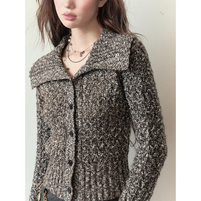 Via Pitti Heavy Lapel Short Knit Cardigan Dark Brown